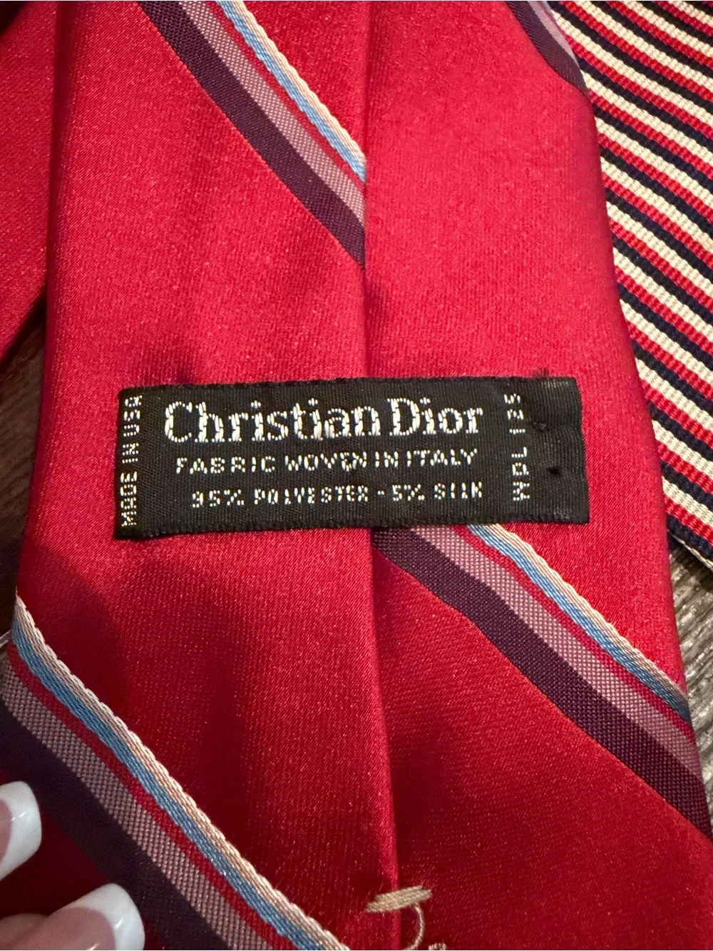 Dior Red Striped Silk Scarf Tie with Pearl Accents